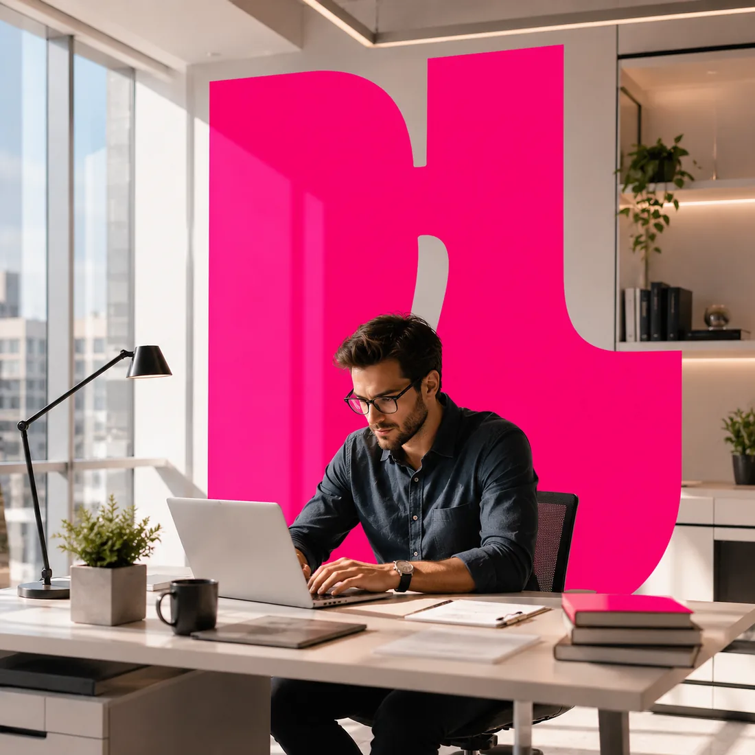 Data analyst at a desk building an Alteryx workflow on a laptop in a modern office